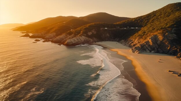 bella ripresa aerea di una spiaggia con colline