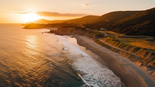 bella ripresa aerea di una spiaggia con colline