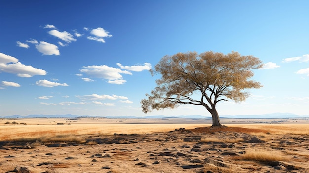 Bella ripresa di un albero nelle pianure della savana con il cielo blu