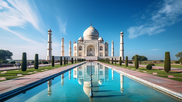 Bella ripresa verticale dell'edificio del Taj Mahal ad Agra, in India, sotto un cielo limpido generata dall'IA