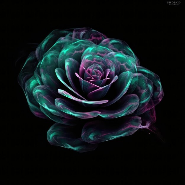 Bella rosa nel fuoco viola verde su sfondo nero IA generativa abbagliante e radiosa