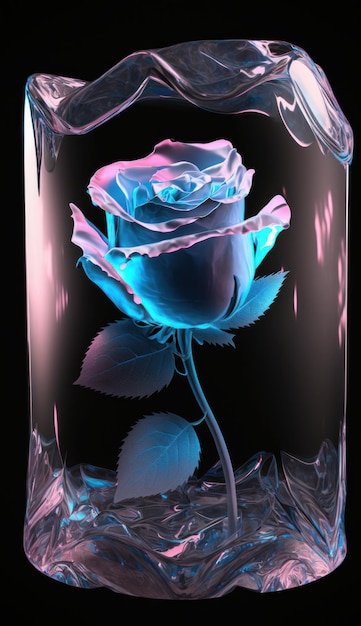 Bella rosa rosa chiaro spettrale in un vaso di vetro su sfondo nero IA generativa