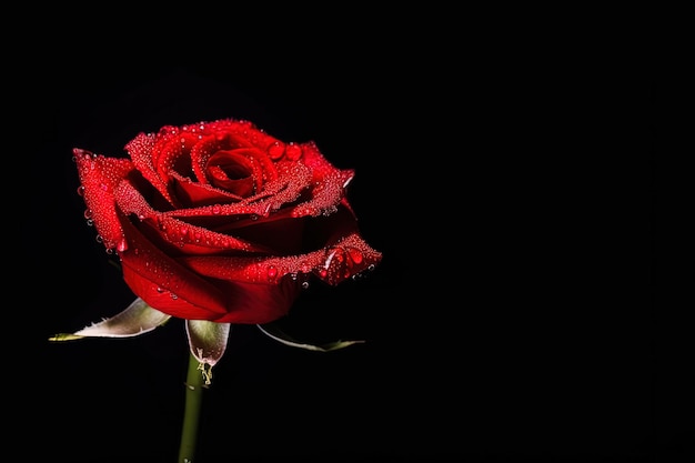 Bella rosa rossa come simbolo di amore su sfondo nero con spazio di copia