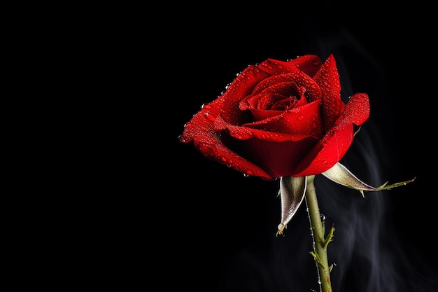 Bella rosa rossa come simbolo di amore su sfondo nero fumo con spazio di copia