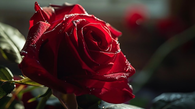 Bella rosa rossa con gocce d'acqua sui petali con uno spazio per un testo con uno spazio di copia