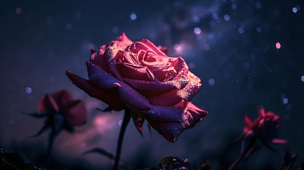 Bella rosa rossa con gocce di rugiada su uno sfondo notturno stellato scuro