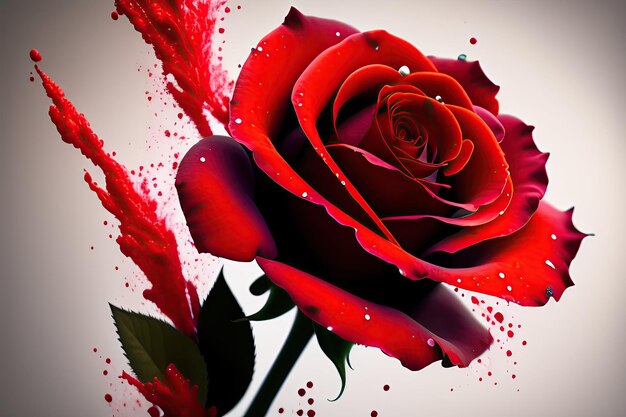 Bella rosa rossa con schizzi di vernice