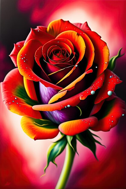 Bella rosa rossa con schizzi di vernice