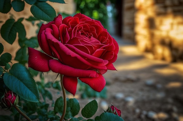 Bella rosa rossa nel cortile