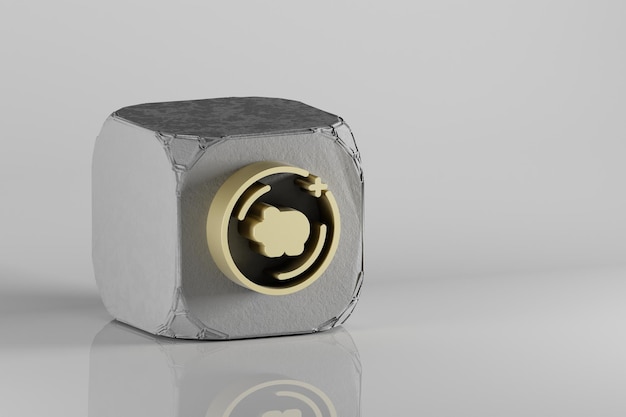 Bella scatola d'oro simbolo di moneta su un cubo di cemento e sfondo ceramico bianco rendering 3D i