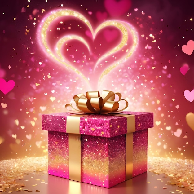 Bella scatola regalo rosa e oro con sfondo luminoso di luci di cuore