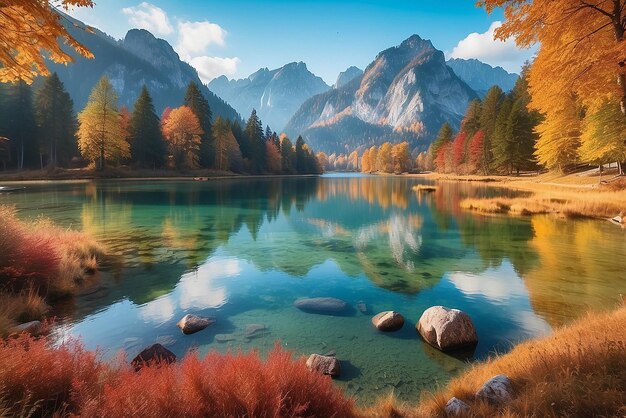 Bella scena autunnale del lago Hintersee Colorata vista mattutina delle Alpi bavaresi al confine austriaco Germania Europa Bellezza della natura concetto di sfondo