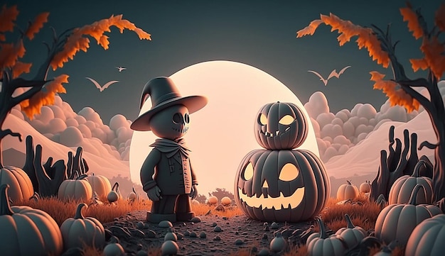 Bella scena del carattere di Halloween 3d dell'illustrazione della foto del fondo delle zucche del fantasma