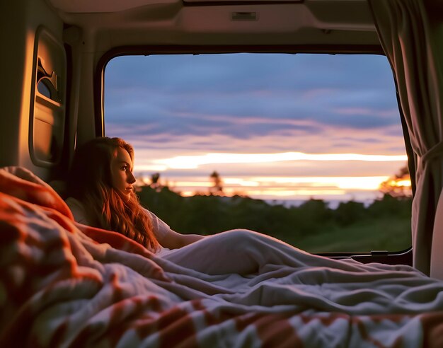 Bella scena del tramonto e la ragazza del camper all'interno del furgone