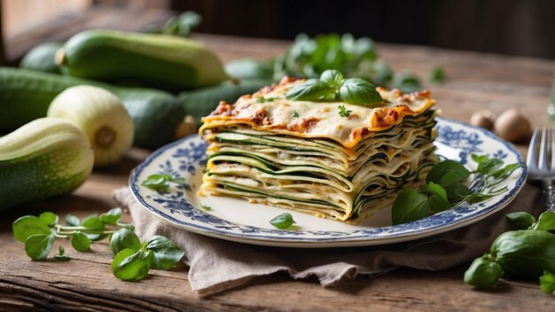 Bella scena di zucchini lasagna graziosamente disposti su un piatto vintage poggiato su un ben usurato