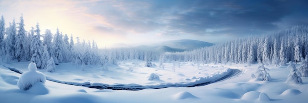 Bella scena gelida di abeti rossi e abeti in una natura selvaggia innevata evidenziata dalla luce del sole del mattino Paese delle meraviglie invernali foreste innevate montagne maestose e vaste distese AI generativo