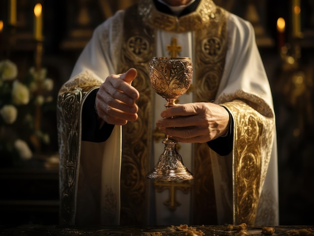 Bella scena liturgica sacerdote che tiene calice d'oro calda luce soffusa sfondo Eucaristia