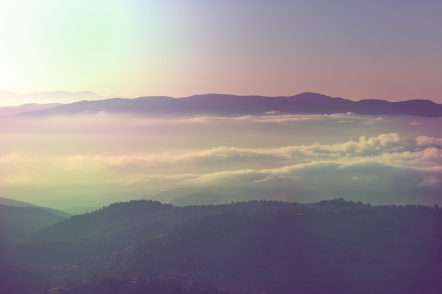 Bella scena mattutina in montagna. Nebbia all'alba.