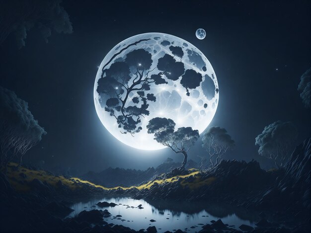 Bella scena notturna Fantasy con una superluna