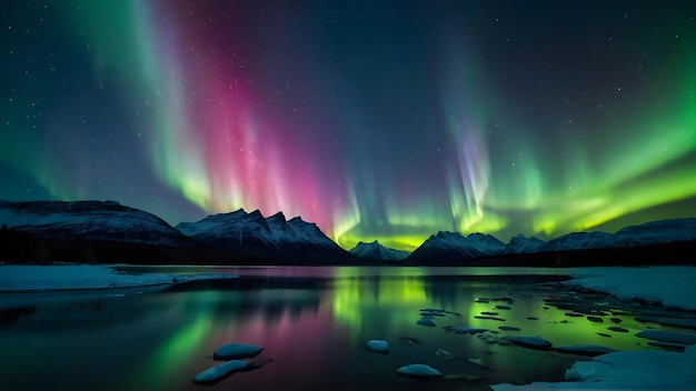 Bella scena paesaggistica con l'Aurora Boreale e la Via Lattea sopra le montagne riflesse nell'acqua