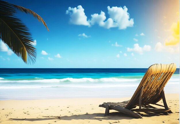Bella sedia da spiaggia e vacanze estive con palme e mare