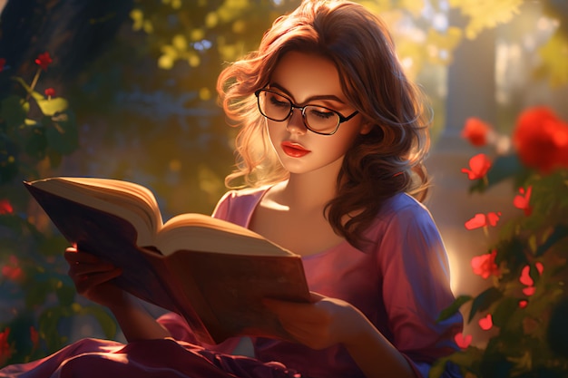 Bella signora che legge un libro in estate