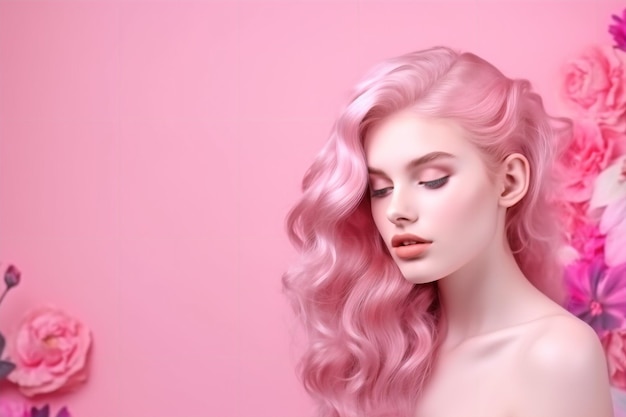 Bella signora con i capelli rosa su uno sfondo rosa