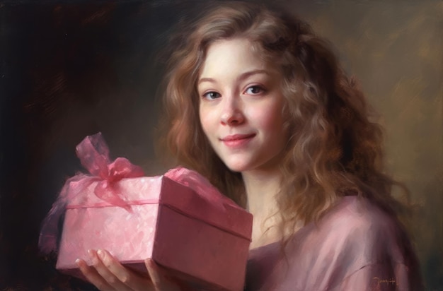 Bella signora eccitata in abito che tiene scatole regalo su sfondo studio a colori che celebra il giorno della donna