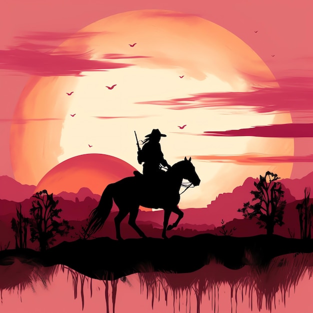 bella silhouette rosa Cowboy con illustrazione clipart sfondo tramonto