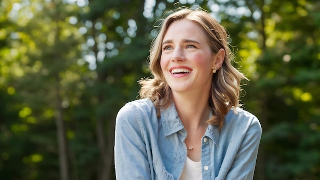 Bella sorridente gioiosa donna con i capelli biondi vestita casualmente guardando con soddisfazione