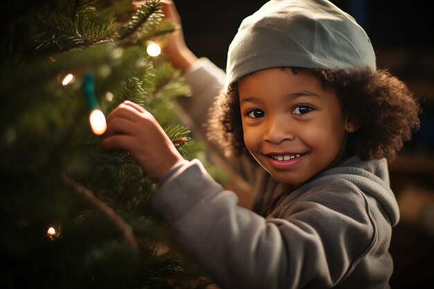 bella sorridente ragazzina afroamericana entusiasta di decorare l'albero di Natale