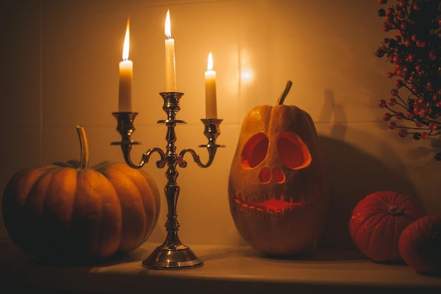Bella sorridente zucca intagliata arancione jack o lantern per le vacanze di Halloween all'interno della casa di notte