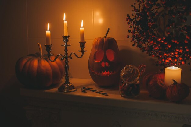 Bella sorridente zucca intagliata arancione jack o lantern per le vacanze di Halloween all'interno della casa di notte