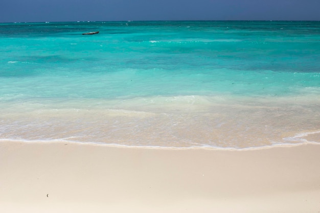 Bella spiaggia a Zanzibar. Spiaggia paradisiaca con acqua blu nel villaggio di Kendwa, Zanzibar, Tanzania