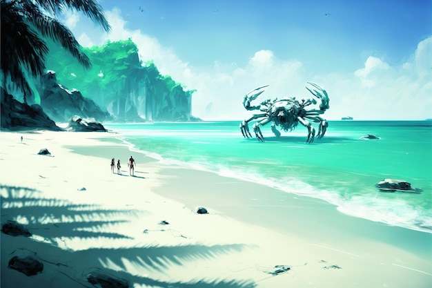 Bella spiaggia con palme verdi di sabbia bianca e pittura di illustrazione in stile arte digitale di granchi nemici giganti