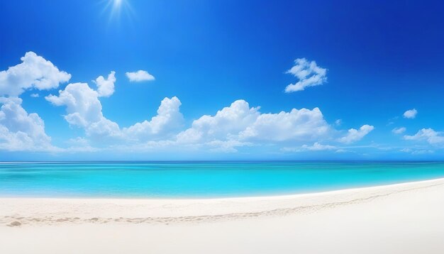 Bella spiaggia con sabbia bianca acqua turchese dell'oceano e cielo blu con nuvole in una giornata di sole Panora