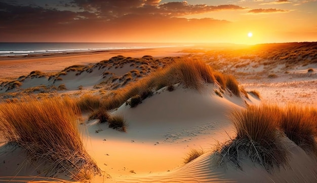 Bella spiaggia di dune al tramonto Mare del Nord Genera Ai
