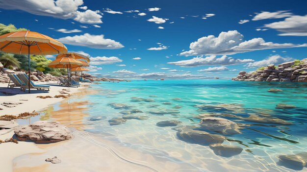 Bella spiaggia di sabbia paradisiaca in riva al mare con lettini per rilassarsi AI generato