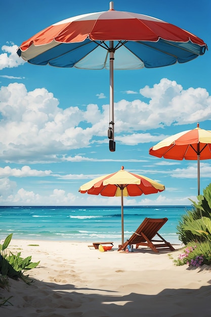 Bella spiaggia estiva di cocco colorato sullo sfondo e ombrello