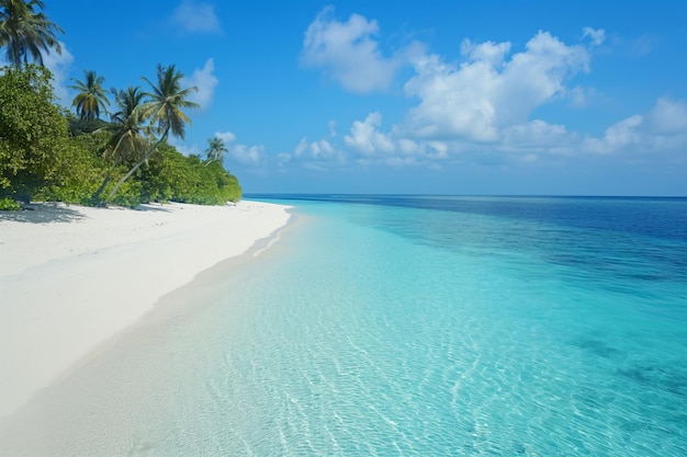 Bella spiaggia paradisiaca di un'isola tropicale con palme, sabbia bianca morbida e acque turchesi.