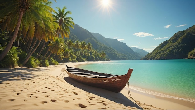 Bella spiaggia paradisiaca tropicale con barche di legno e palme in un soleggiato giorno d'estate Terra perfetta