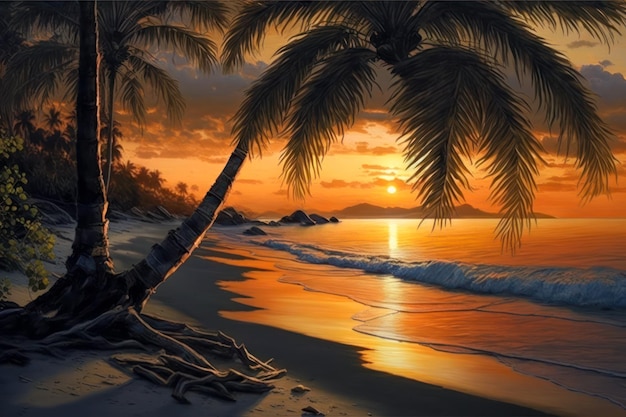 Bella spiaggia tropicale al tramonto con palme e cielo arancione generativo AI