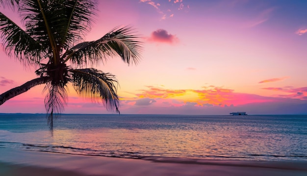 Bella spiaggia tropicale al tramonto con palme e cielo rosa