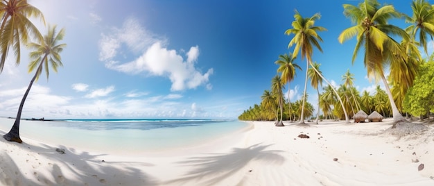 Bella spiaggia tropicale banner Sabbia bianca e palme da cocco viaggi turismo ampio panorama sullo sfondo