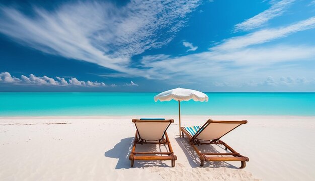 Bella spiaggia tropicale con sabbia bianca e due immagini di sfondo di viaggio sedia