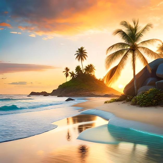 Bella spiaggia tropicale e mare con palme da cocco Sfondo estivo