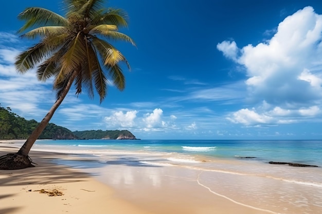 Bella spiaggia tropicale mare oceano con cocco e altri alberi intorno nuvola bianca sul cielo blu