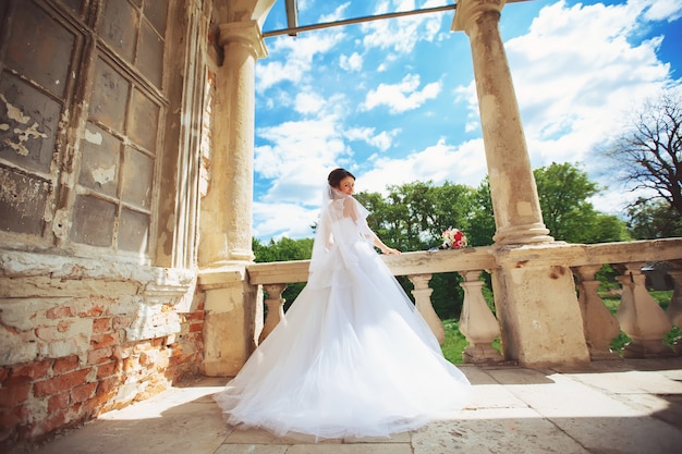 Bella sposa che esamina sposo e tenendosi per mano sulla sua spalla al parco