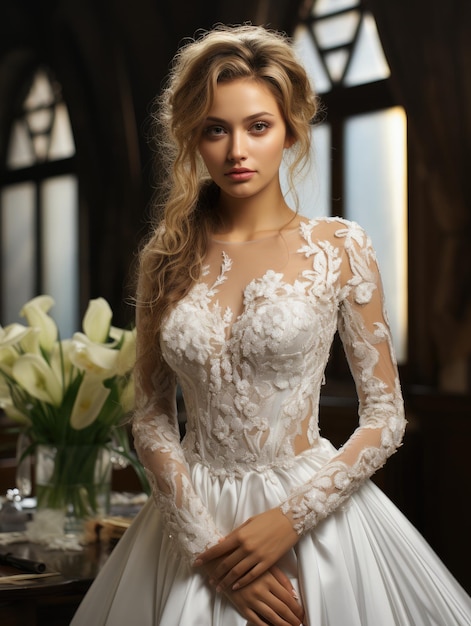 Bella sposa con un vestito da sposa bianco