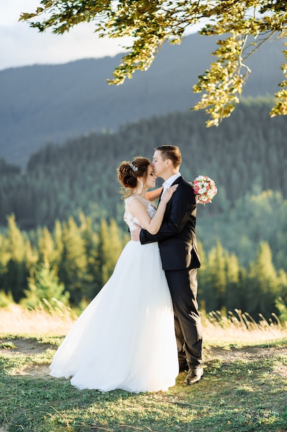 Bella sposa e lo sposo in montagna